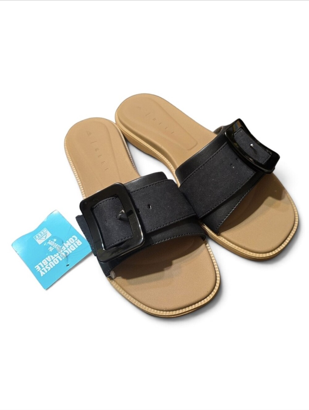 REEF Sunny Emma Black Tan Buckle Cushion Slide Sandals